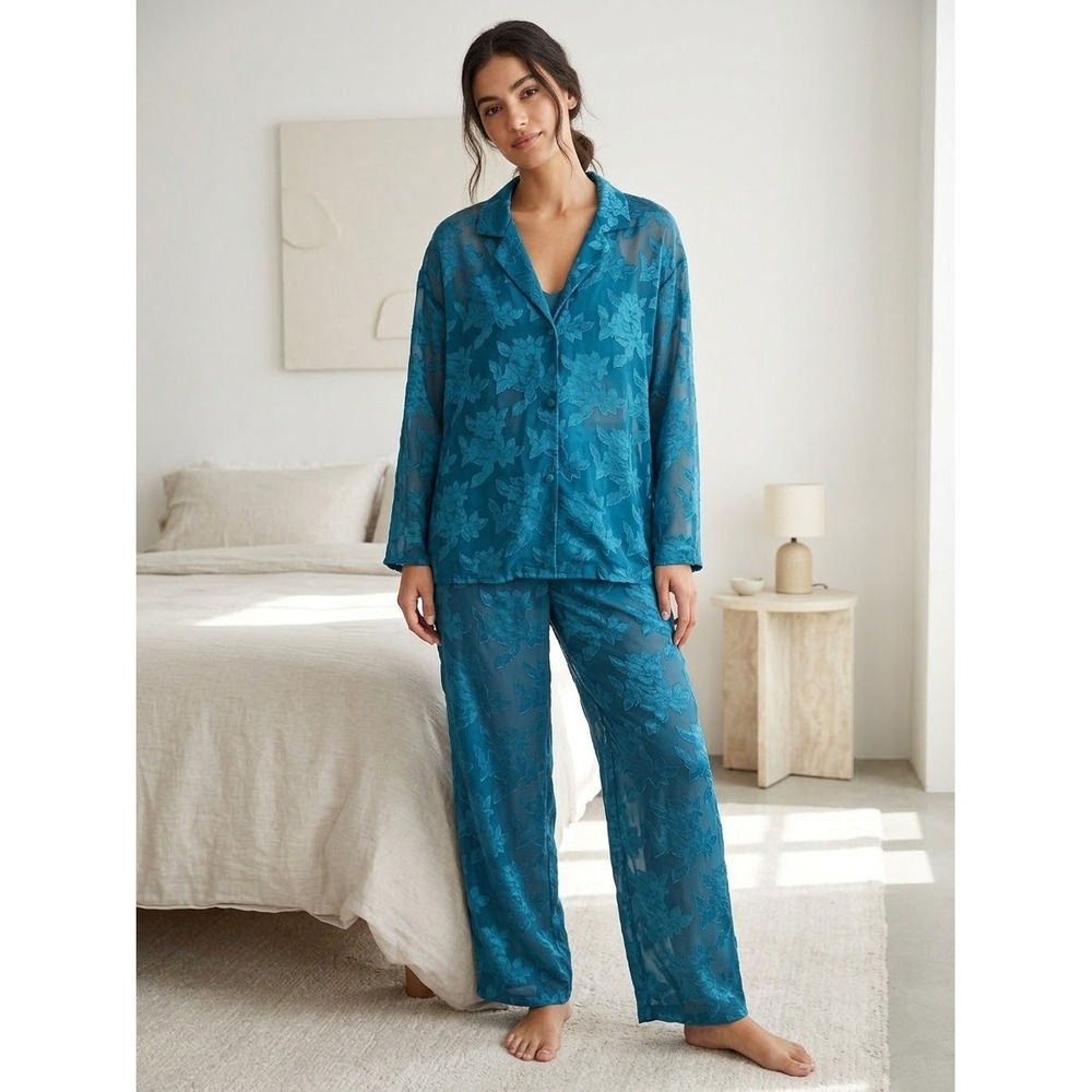 Vintage Victoria's Secret Gold Label Floral Burnout Mesh Pajama Set Teal Blue M